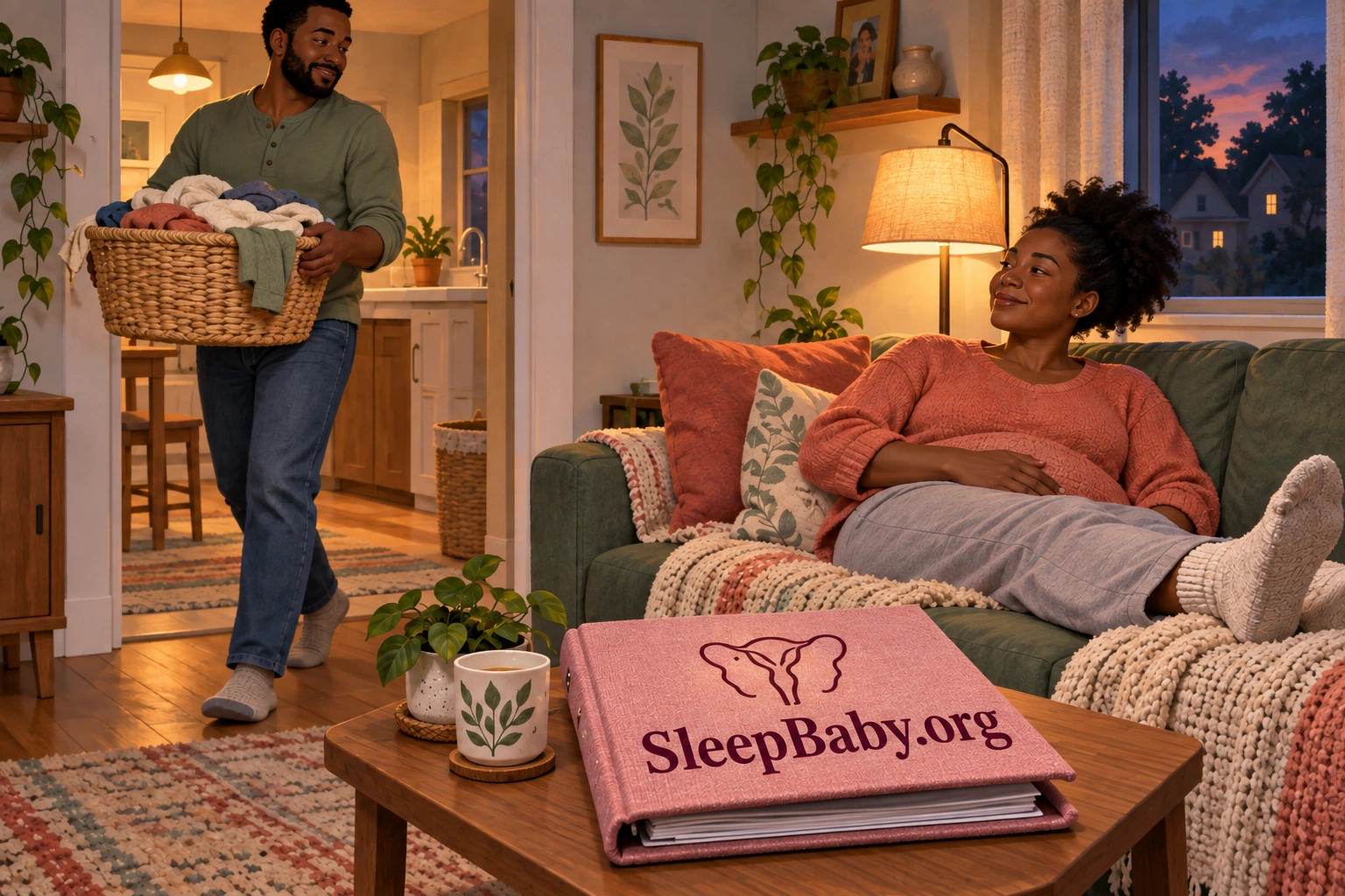 A partner carries a laundry basket while a woman rests near her pelvic-care folder in evening light.