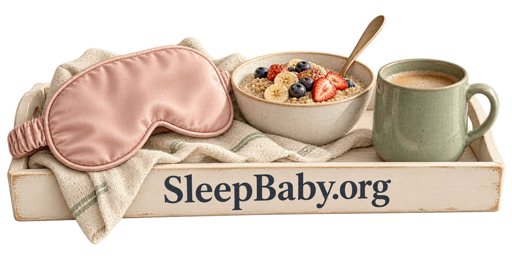 An adult sleep mask, bowl of oatmeal and sage mug rest on a cream breakfast tray.
