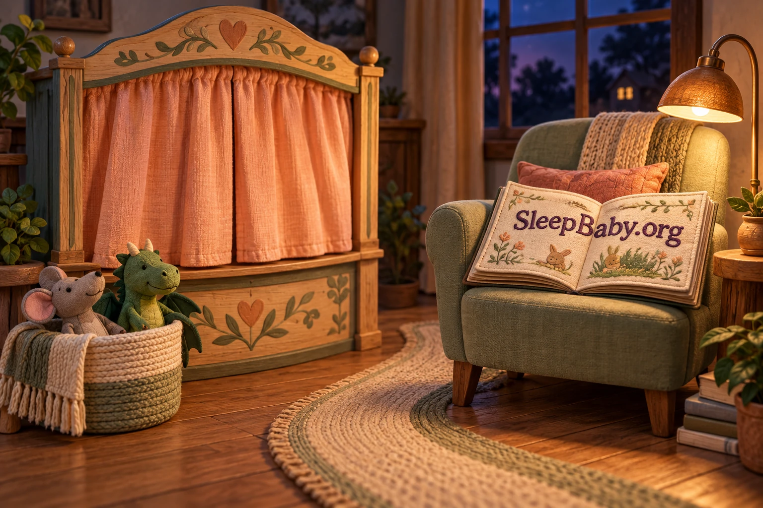 A small puppet theater with closed peach curtains sits beside an open bedtime book and a softly lit reading chair.