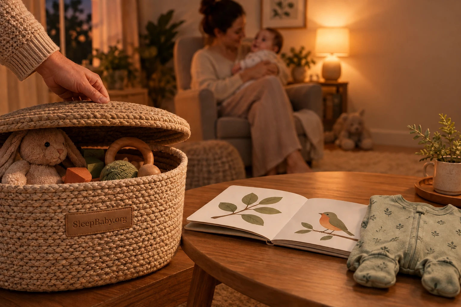 Hand closes a toy basket beside a picture book and folded pajamas, with a caregiver holding an awake baby behind.
