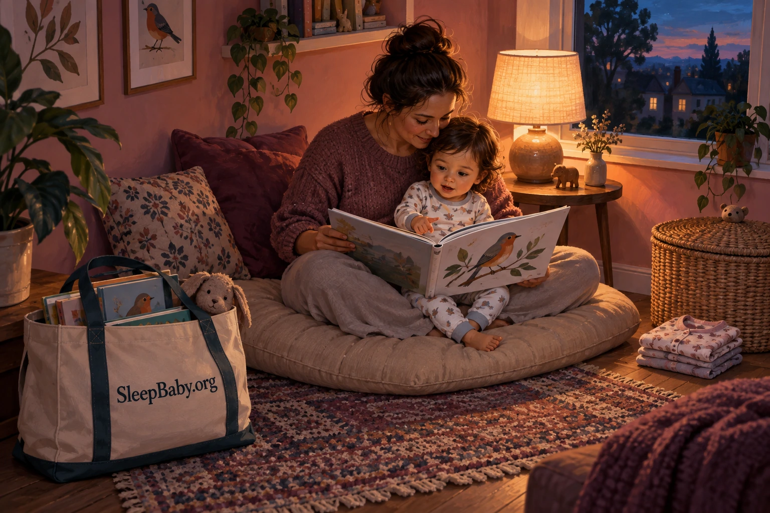 A parent and toddler share a quiet picture book before bedtime in an illustrated reading corner.