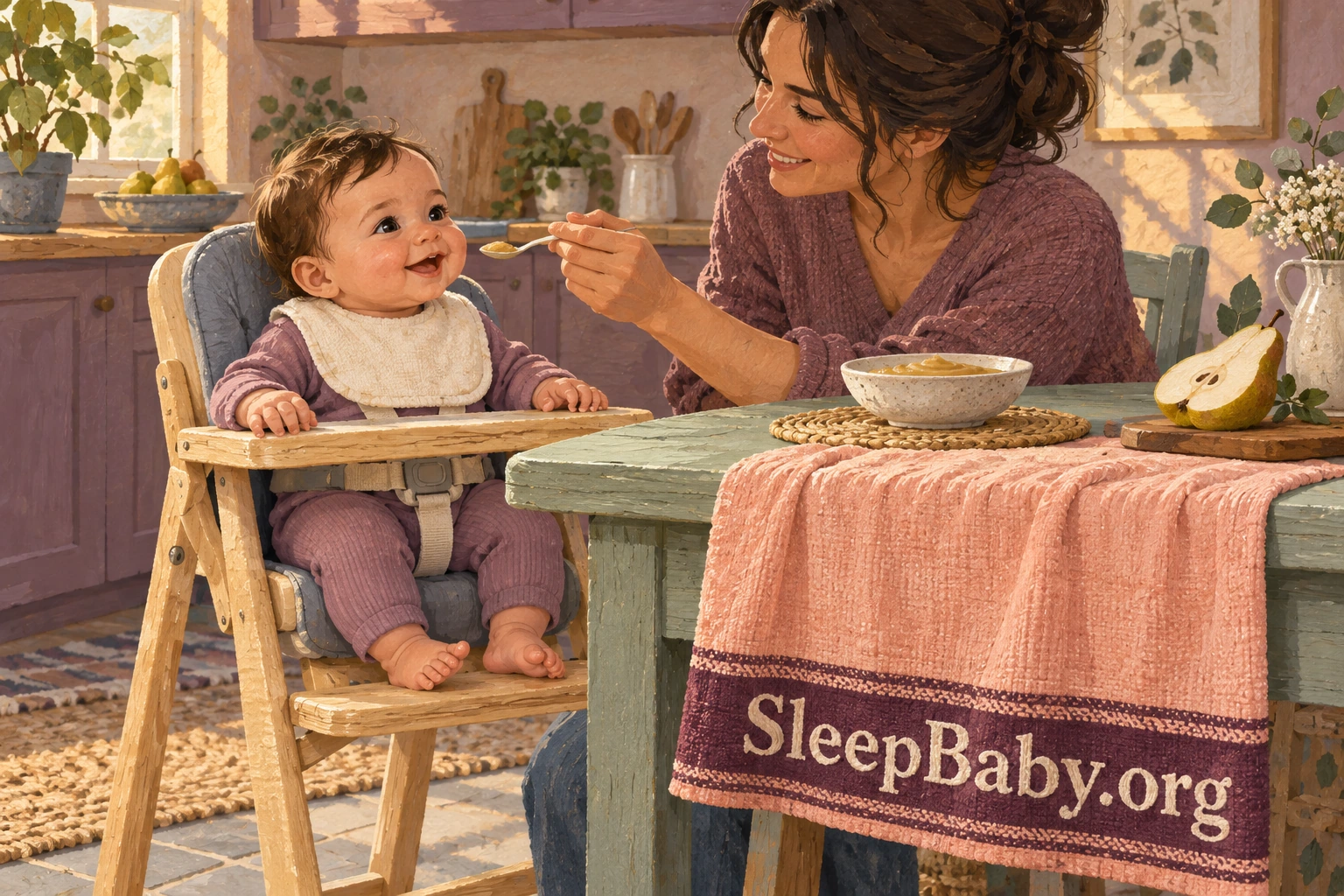 A caregiver offers smooth pear puree to an upright baby secured in a high chair, with feet supported.