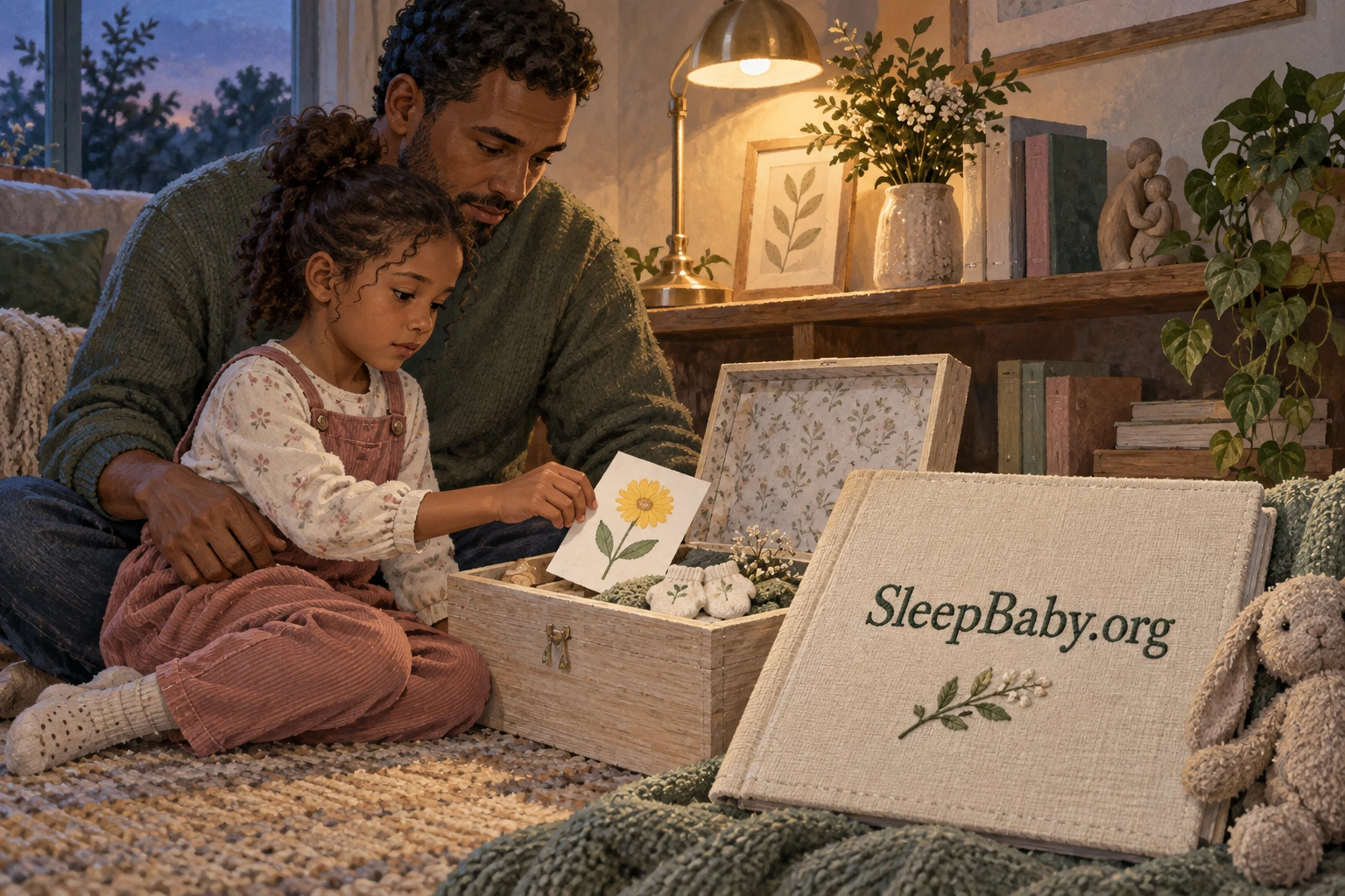 An adult and a child put a flower drawing into an infant memory box, beside a keepsake album and tiny mittens.