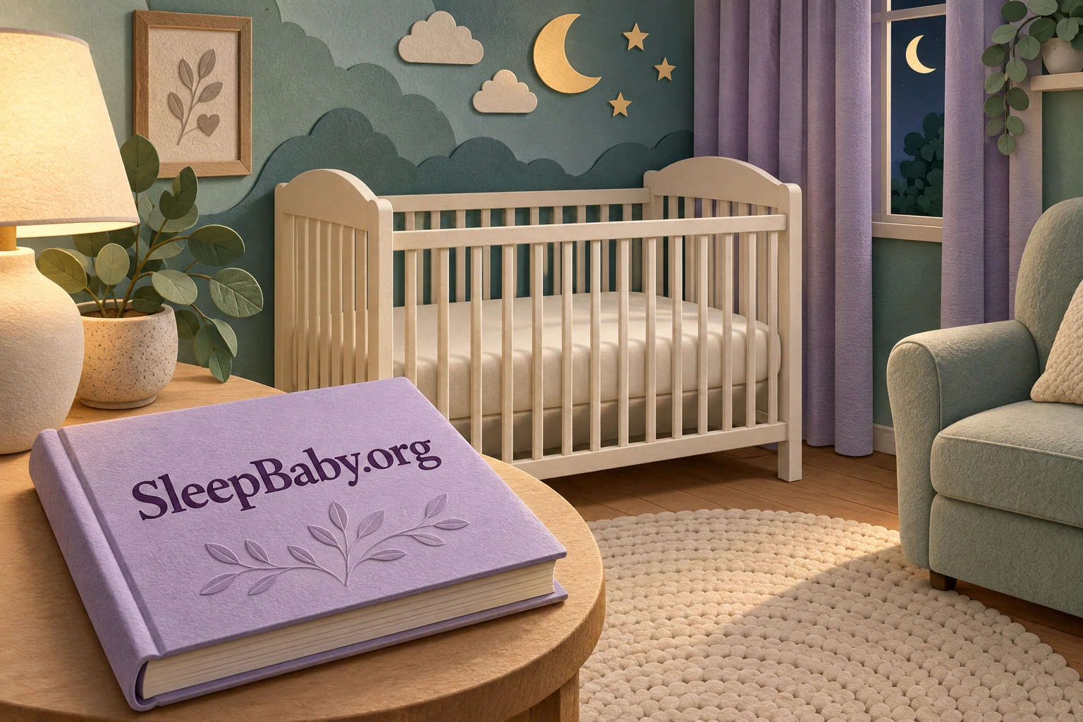 A layered paper illustration of an empty crib with a bare fitted mattress, an adult chair and a closed sleep guidebook.
