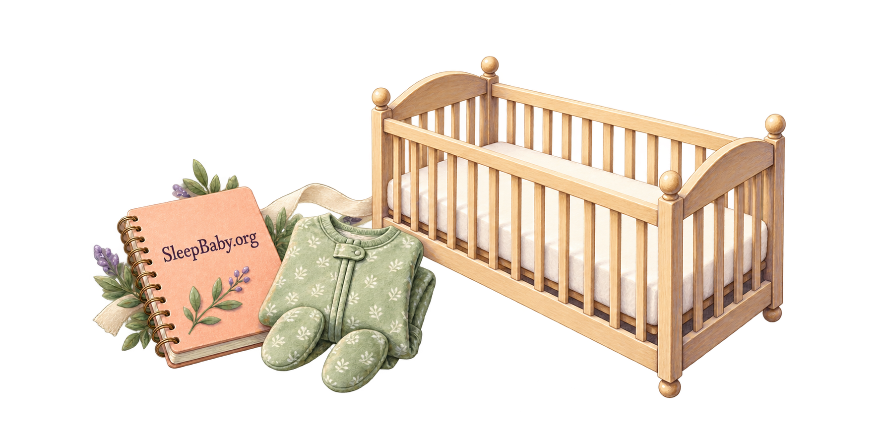 An empty wooden crib with a fitted sheet, beside folded sage pajamas and a caregiver notebook.