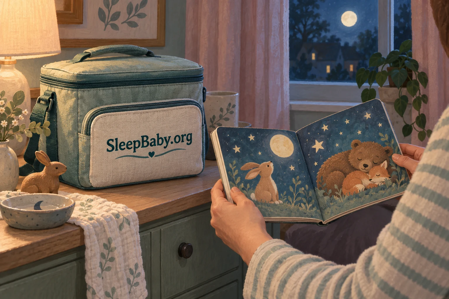 A parent opens a bedtime picture book beside a closed milk cooler in a softly lit room.