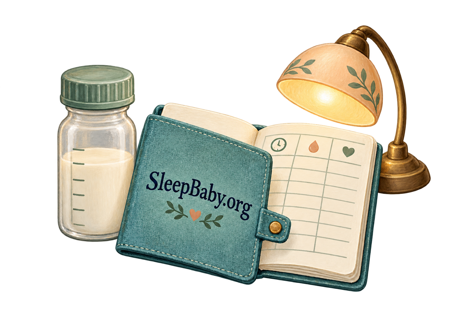 A milk collection vial, feeding journal and warm desk lamp.