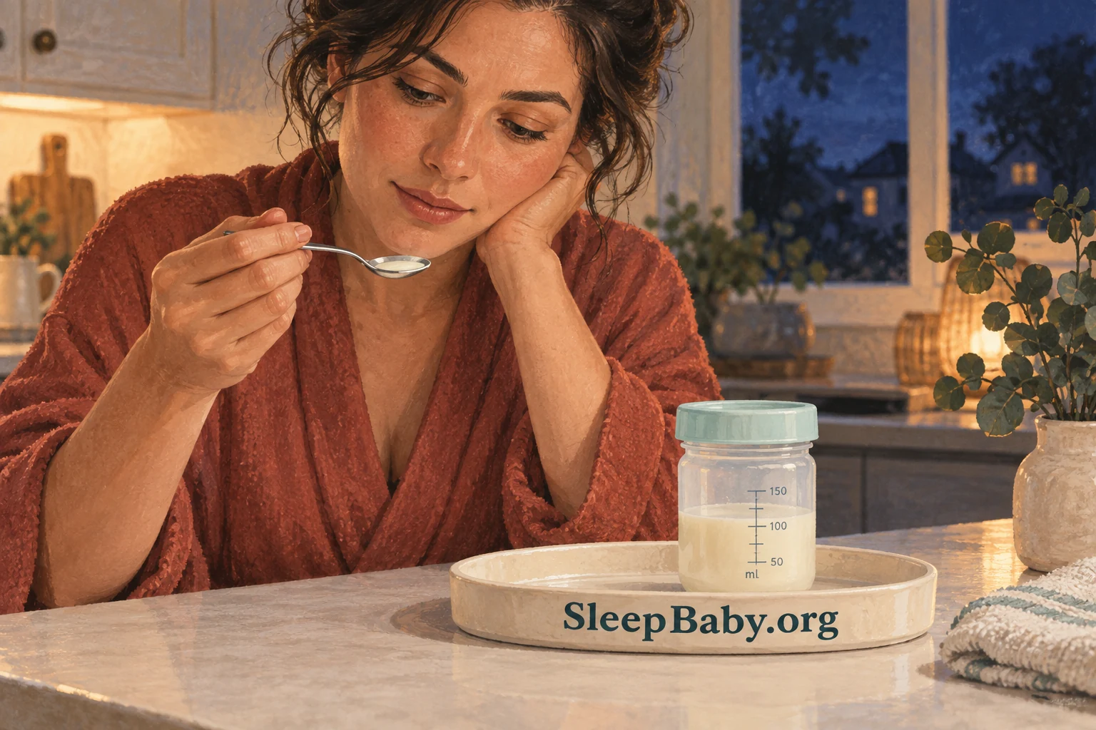 A parent considers a separate spoonful of expressed milk beside a capped collection container at dusk.