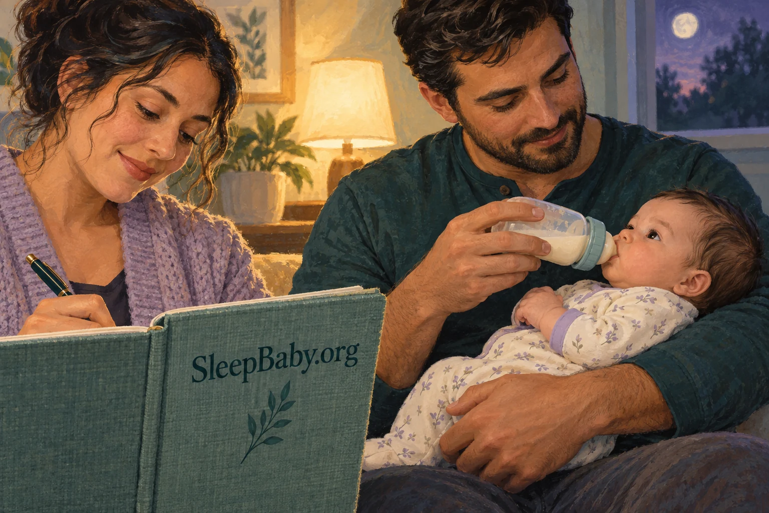 An awake father supports a baby during bottle feeding while another caregiver writes a feeding note.