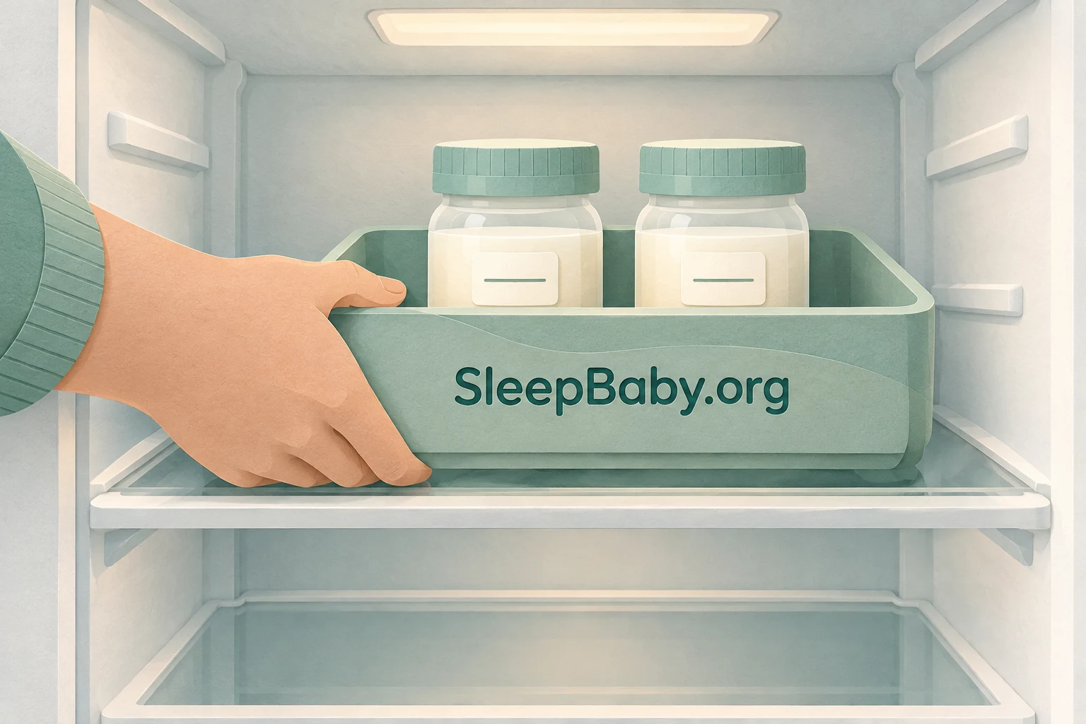 A hand places capped small milk containers on a tray at the back of a refrigerator shelf.