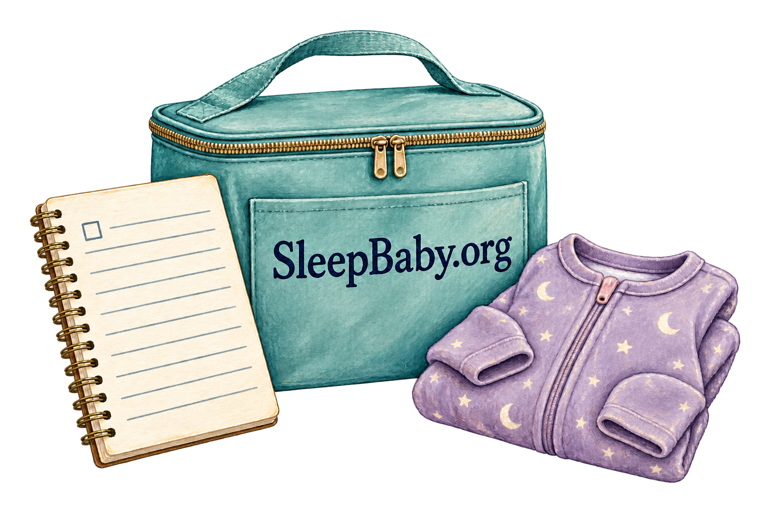 A closed milk cooler, caregiver notebook and folded zip-front baby sleepsuit.