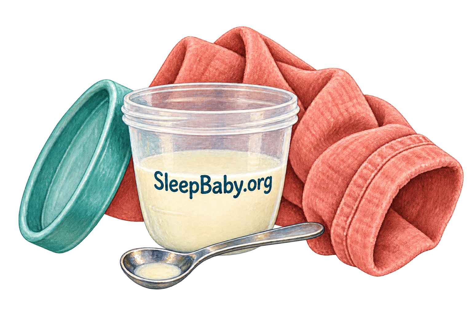 An expressed-milk cup, small sampling spoon and folded coral robe sleeve.