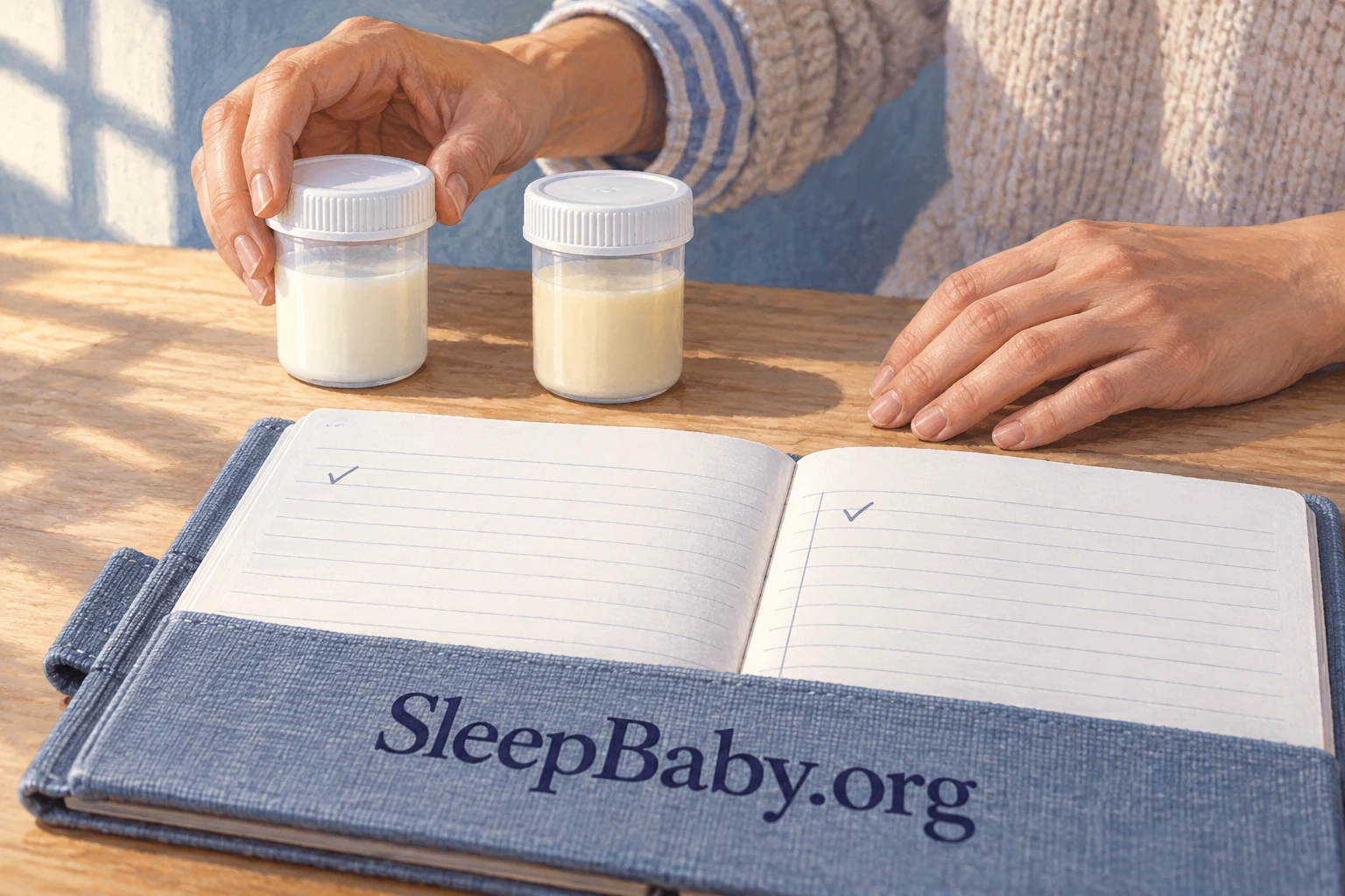 A parent sets two capped milk samples beside a feeding notebook in daylight.