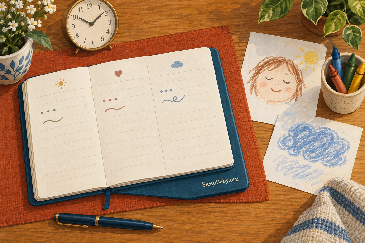 Open observation notebook beside a clock and two childlike drawings.