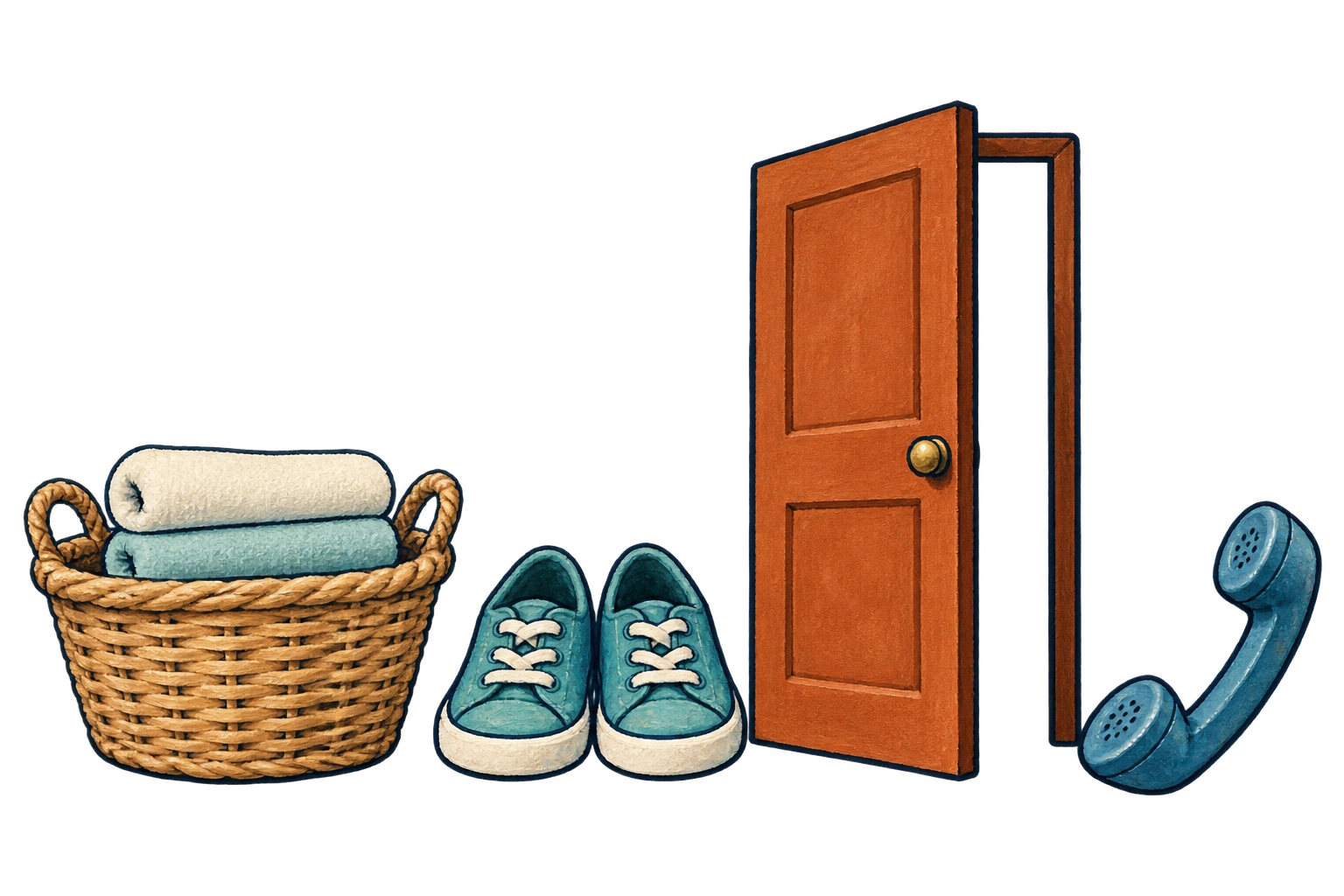 Towel basket, sneakers, open doorway and telephone handset.