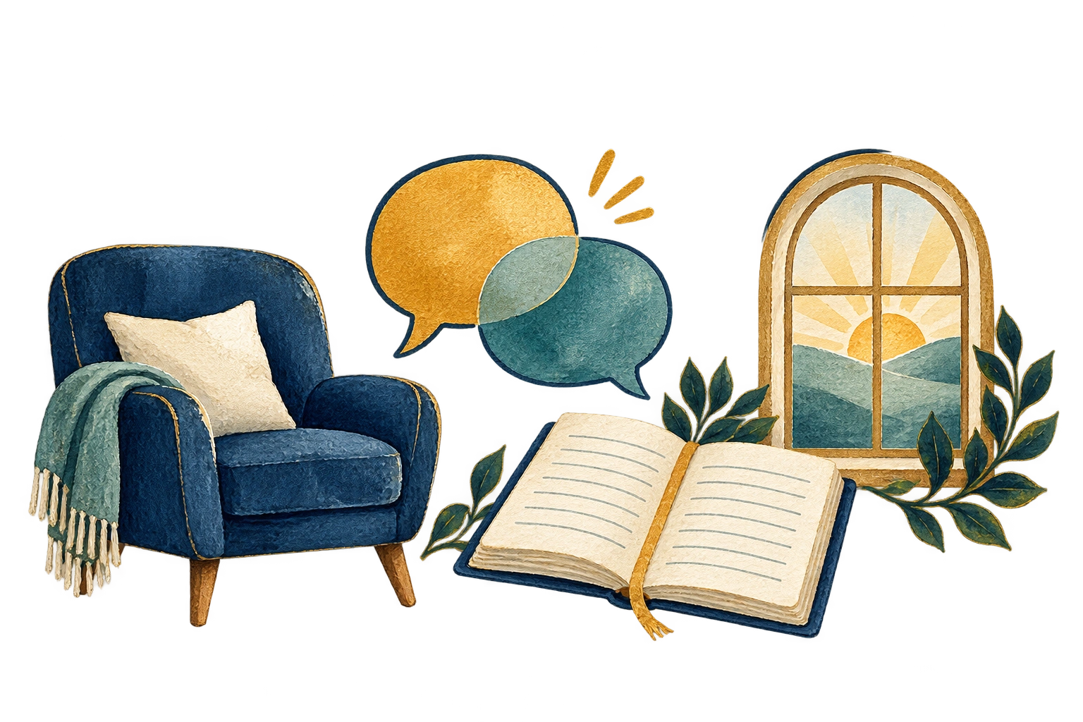 Armchair, speech bubbles, open notebook and sunrise window.