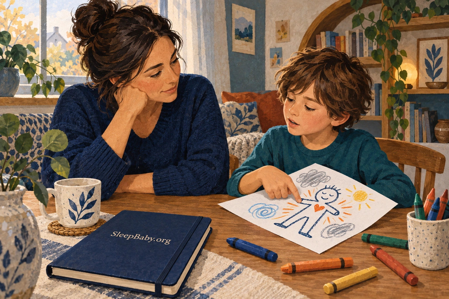 Parent listening to a child describe a drawing at a table.