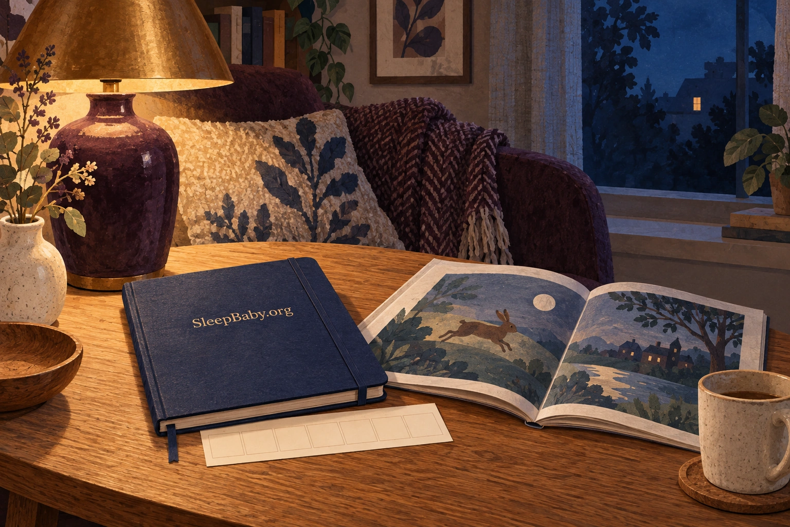 Lamplit reading table with a picture book, notebook and blank planning strip.