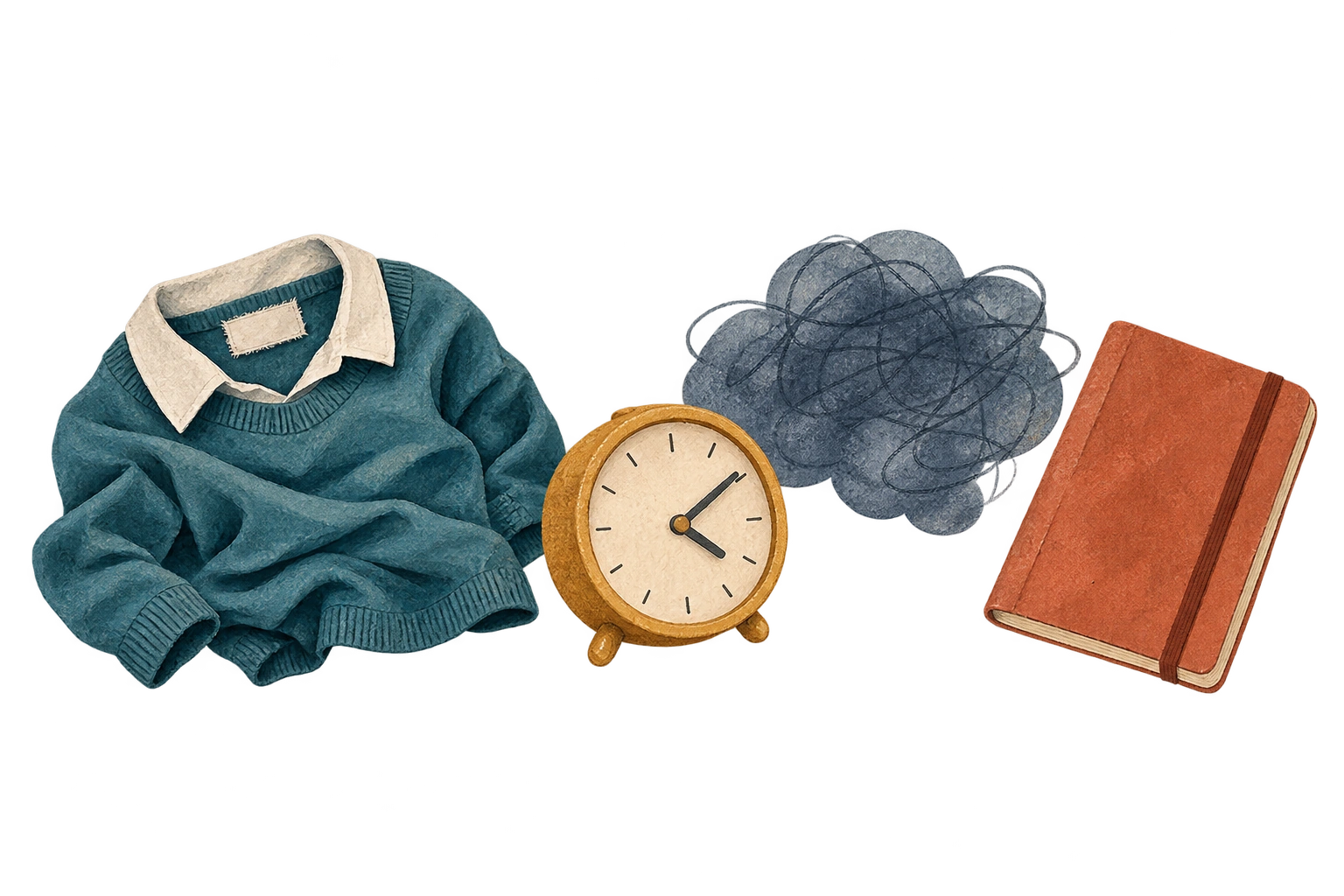 Sweater, clock, scribble cloud and notebook.