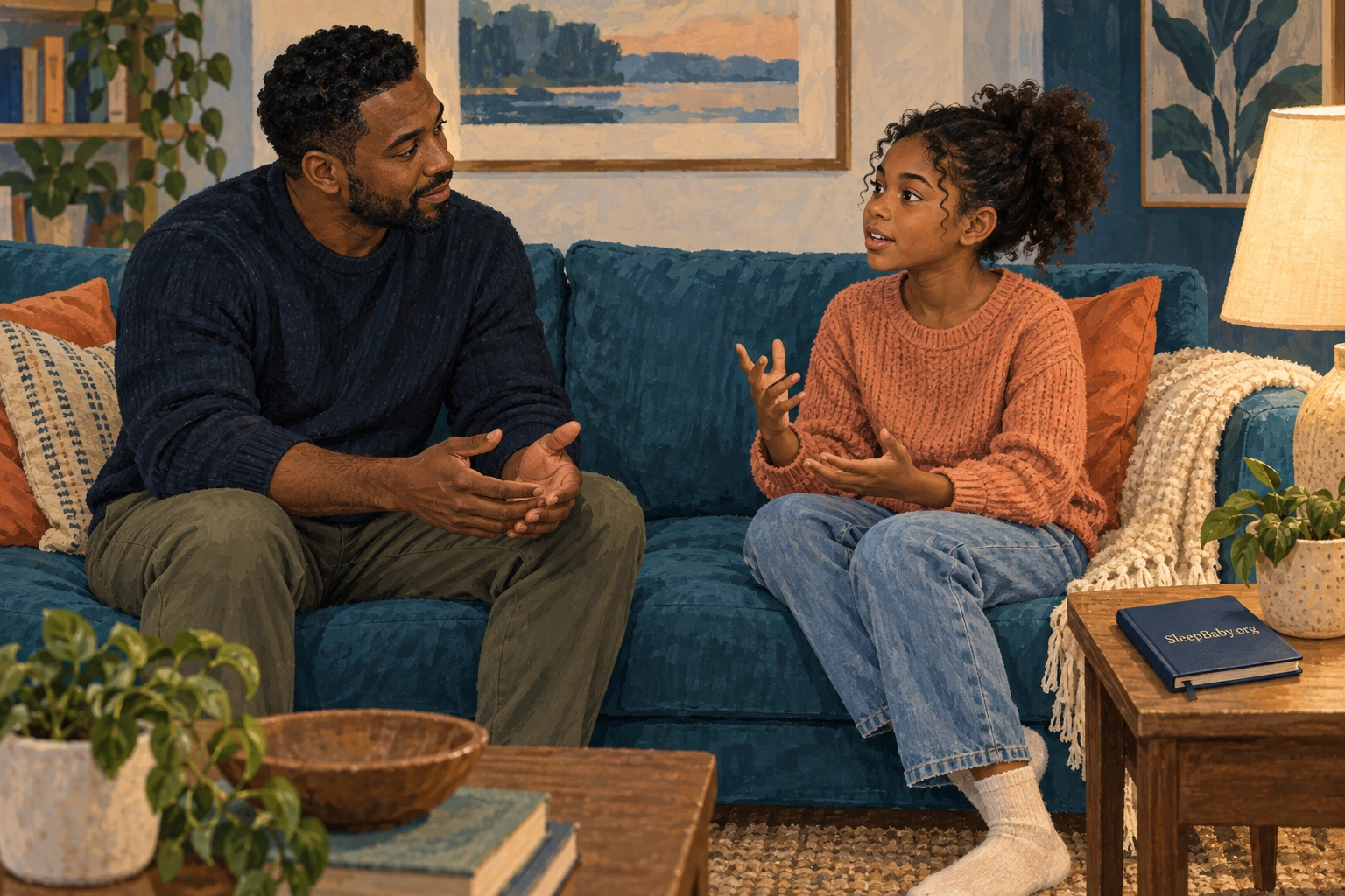 Father listening to his preteen daughter on a sofa.