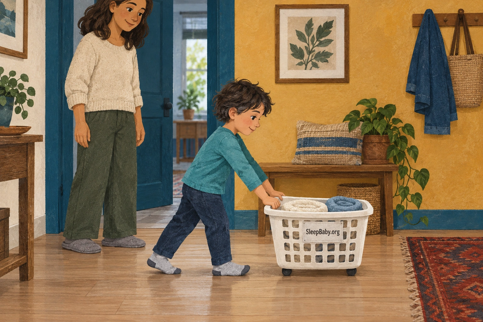 Parent supervising a child gently pushing a small basket of towels on a clear floor.