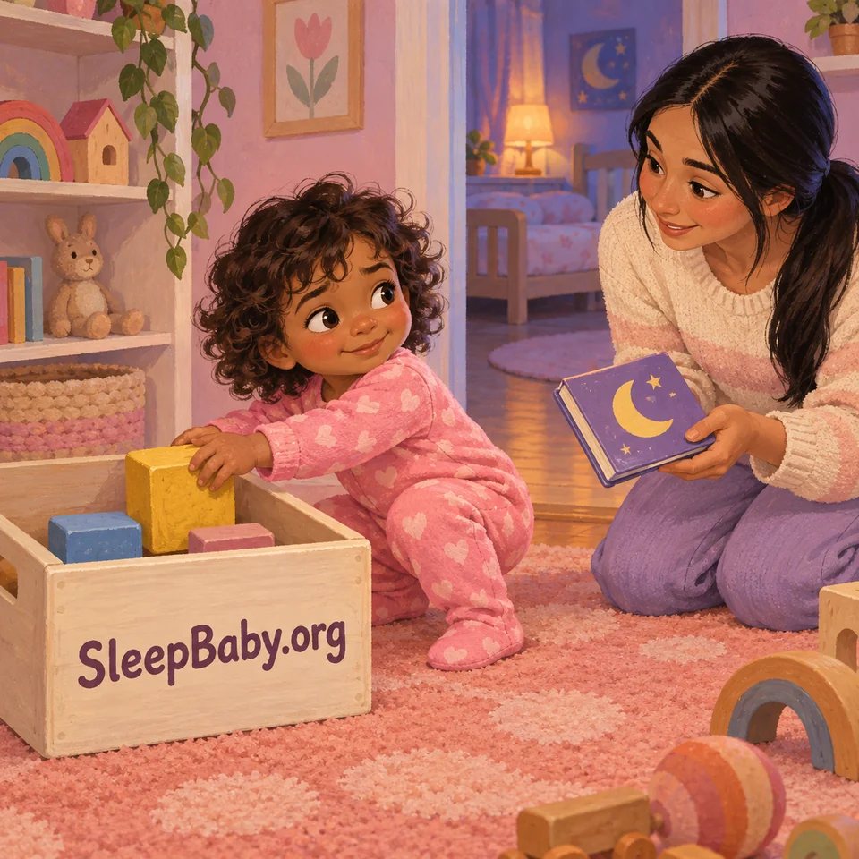 A toddler puts a large block in a toy box while a caregiver offers the bedtime book.