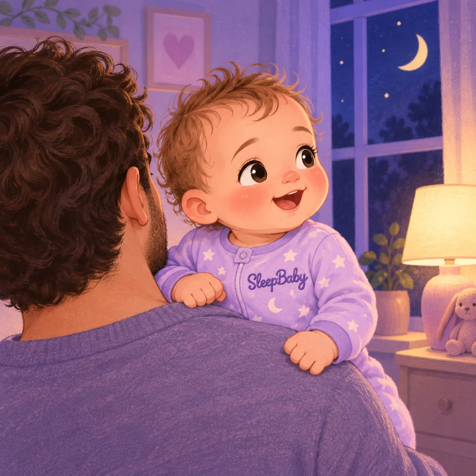 An awake baby in lavender pajamas looks toward a lamp while held upright against a caregiver's shoulder.