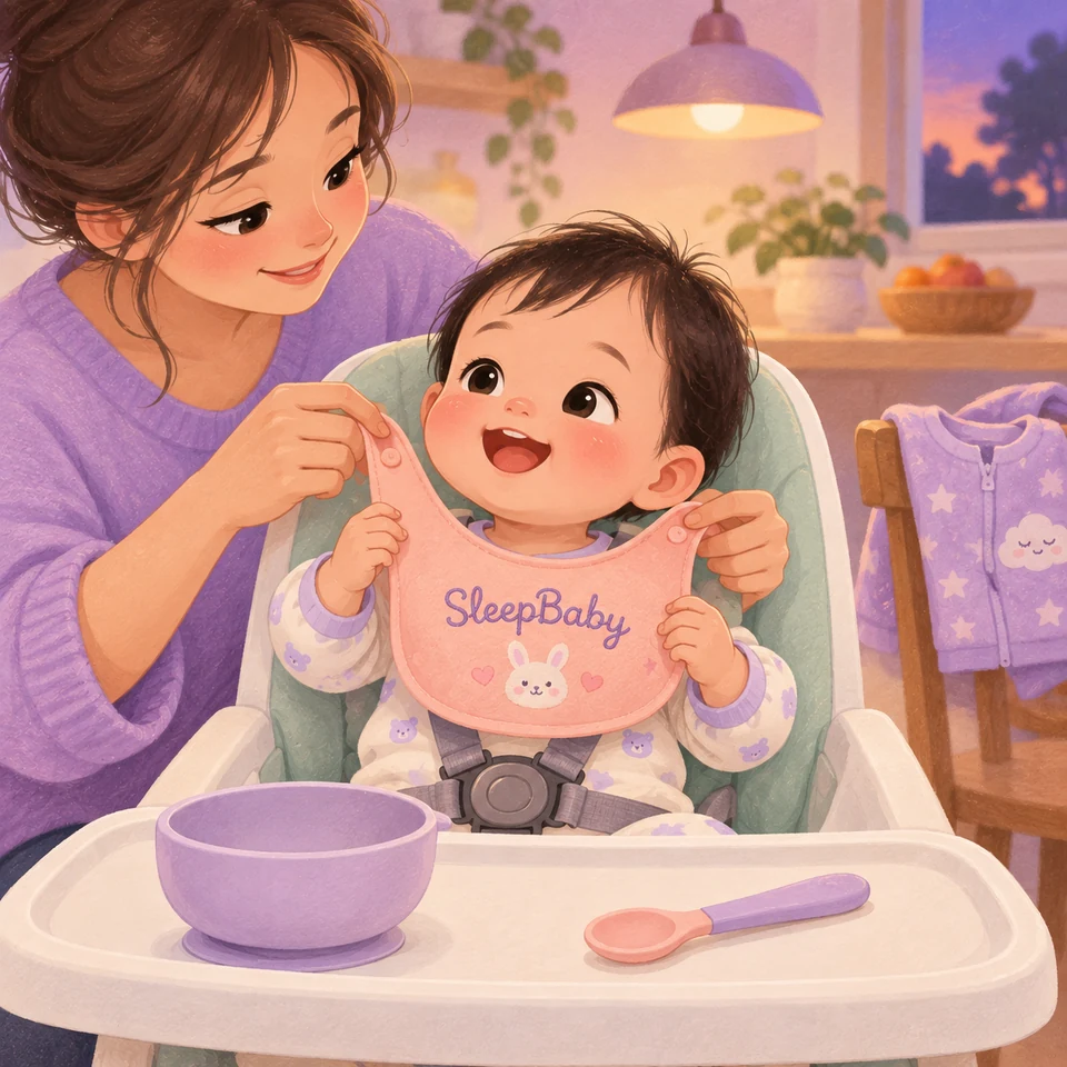 A caregiver holds a pink bib in front of an awake baby secured upright in a high chair, with an empty bowl and spoon on the tray.