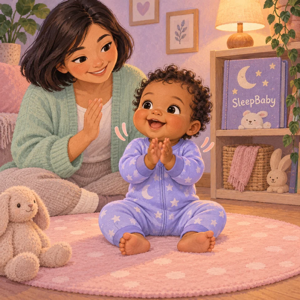 A curly-haired baby claps in lavender pajamas beside a caregiver and a waiting bedtime book.