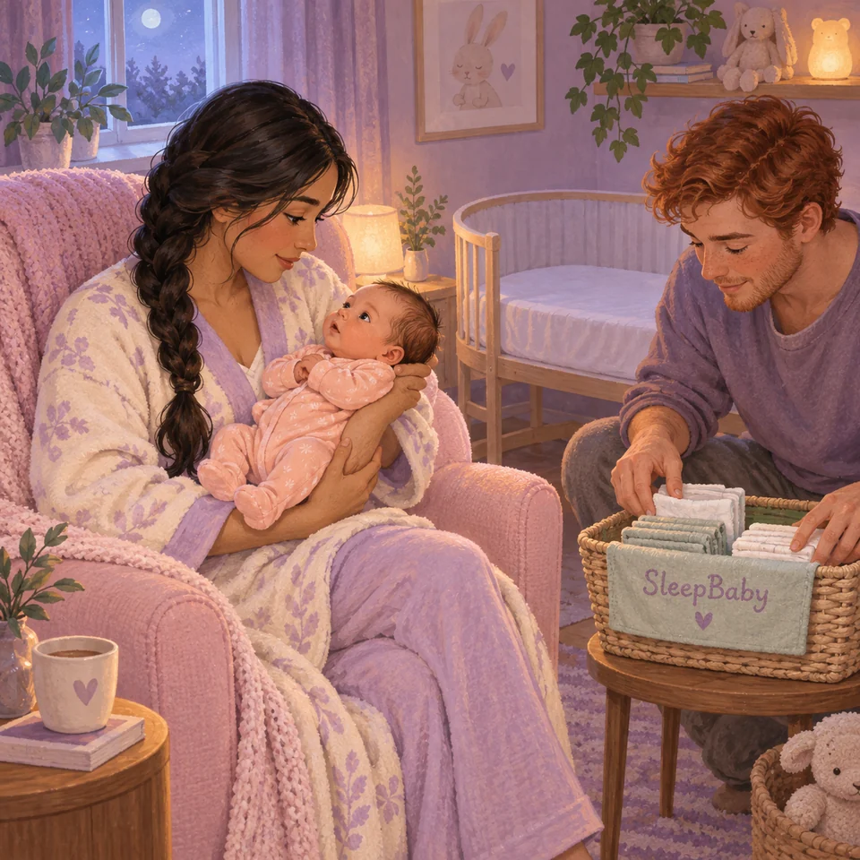 One caregiver holds an awake newborn while another arranges a basket of nighttime care supplies beside an empty bassinet.