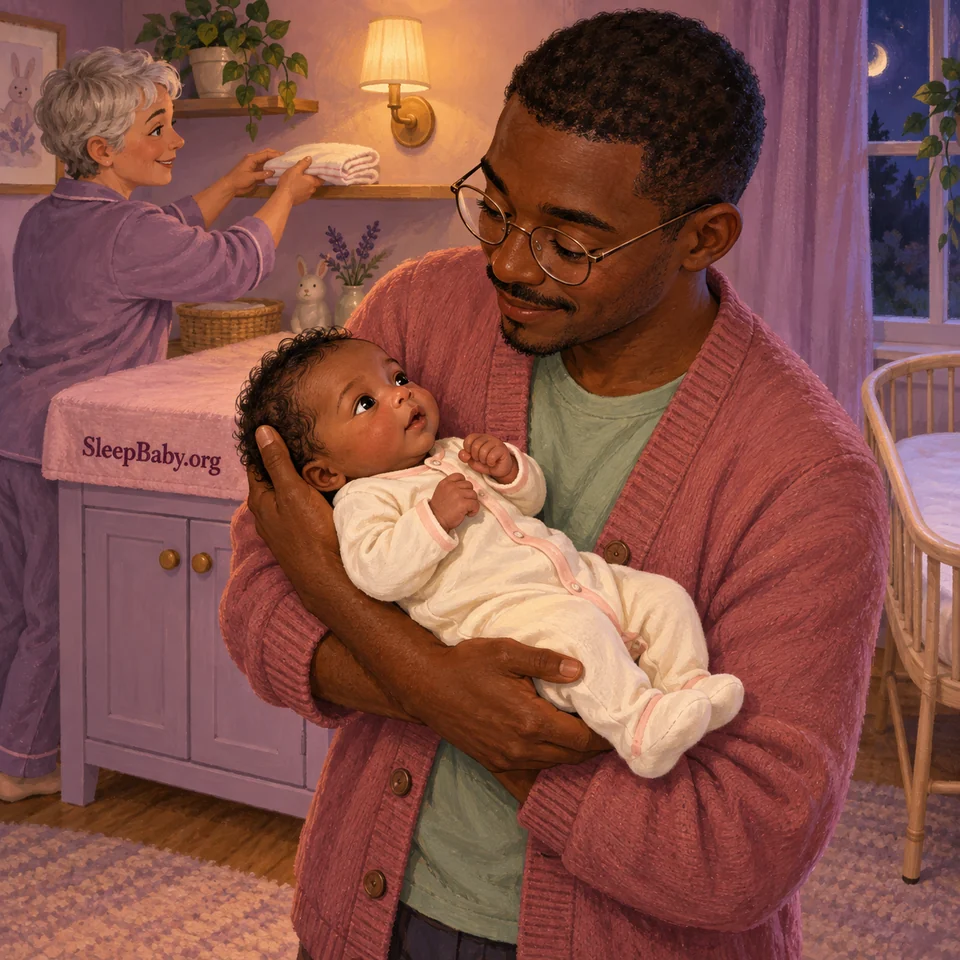A caregiver supports an awake infant while another adult sets out fresh cloths during nighttime care.