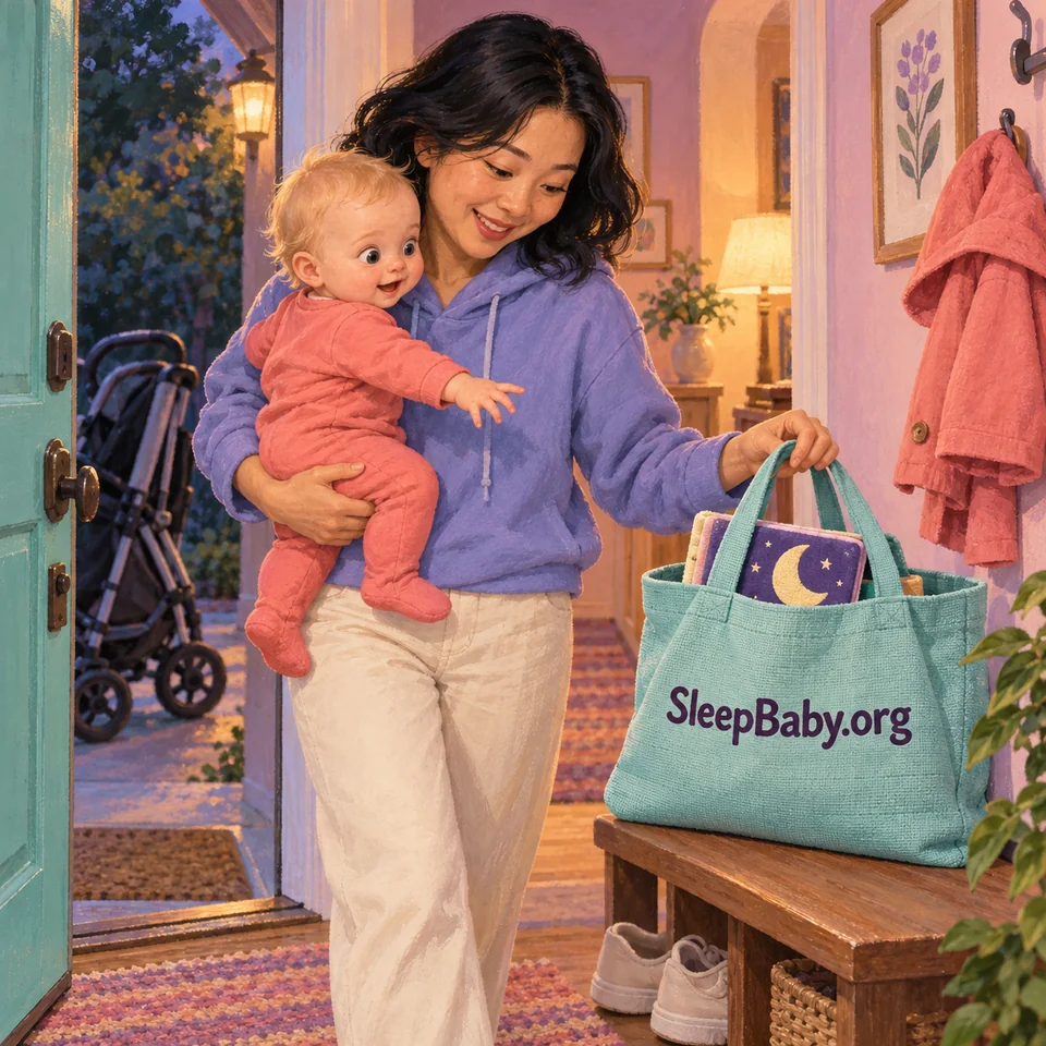 An awake baby reaches toward a bedtime book in an outing tote as a caregiver returns through the home doorway.