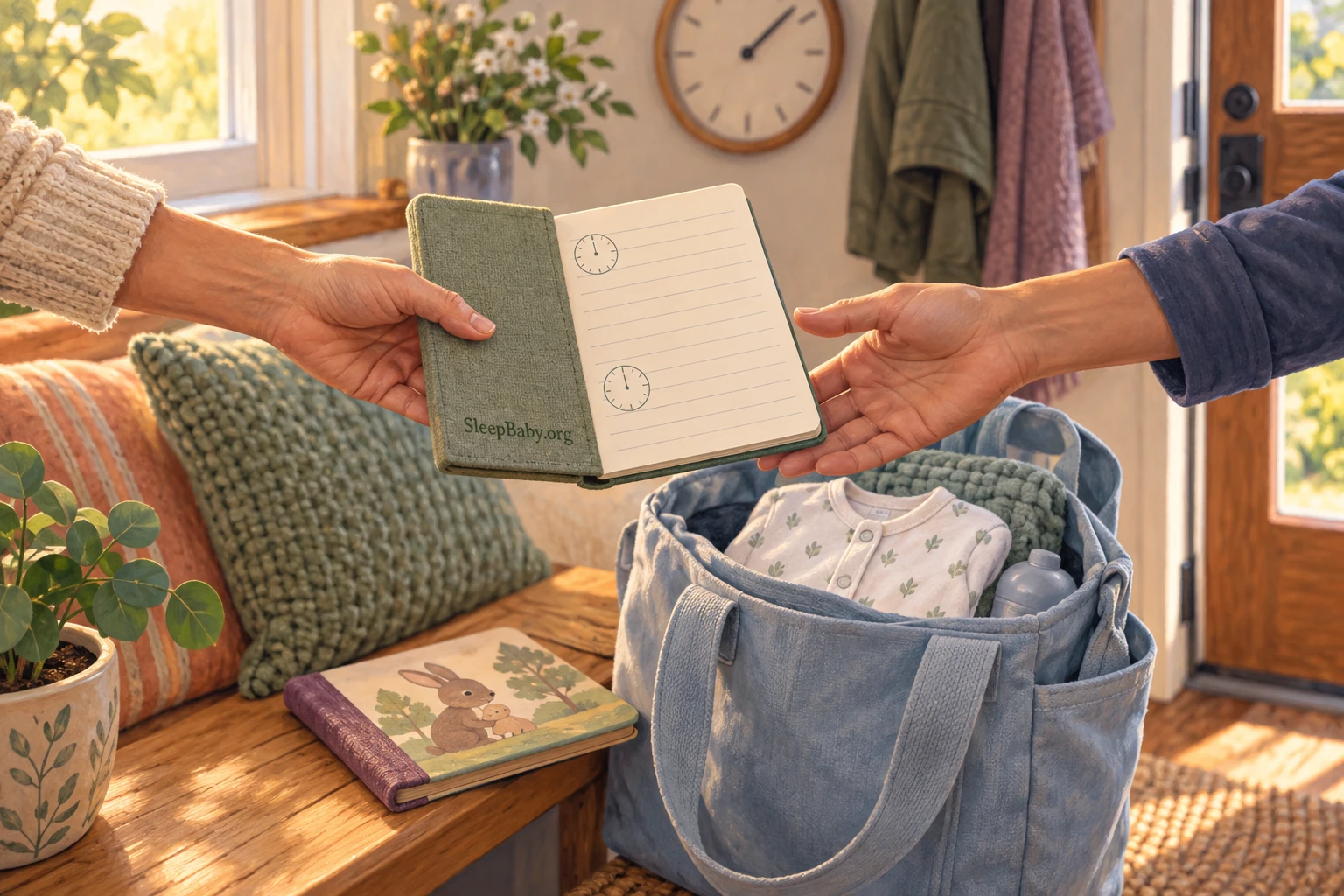Two caregivers pass an open sleep notebook above a childcare tote containing folded baby clothes and a bedtime book.