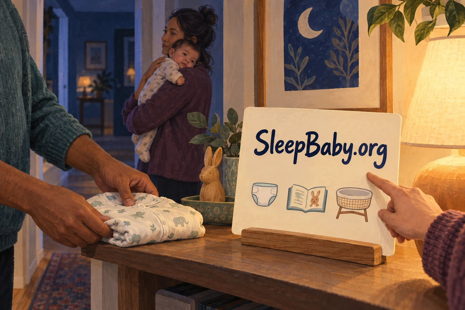 Caregivers arrange pajamas and a bedtime card while another adult holds an awake baby in the background.