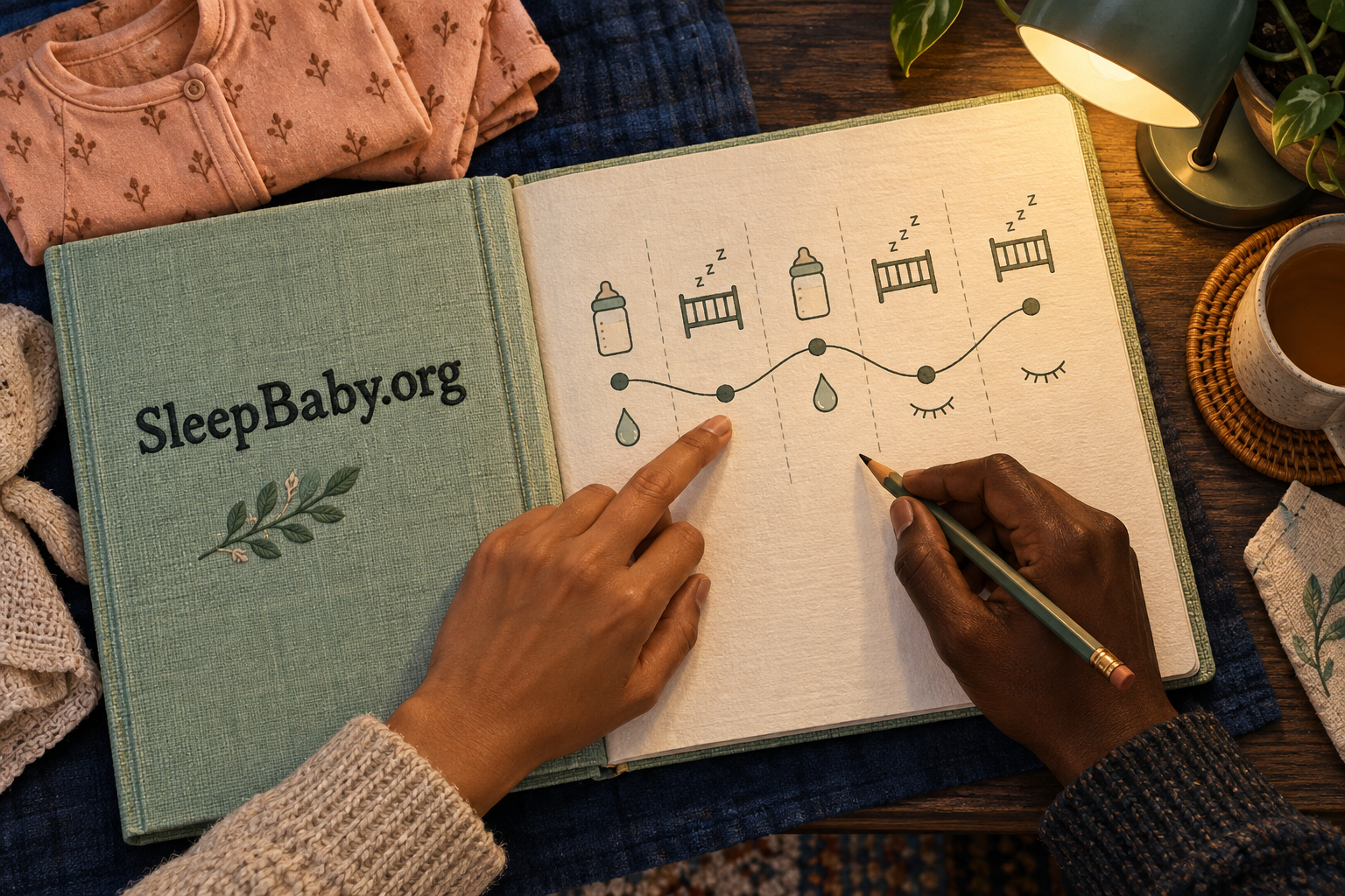 Two hands contribute to an open evening notebook beside folded baby pajamas and a warm desk lamp.