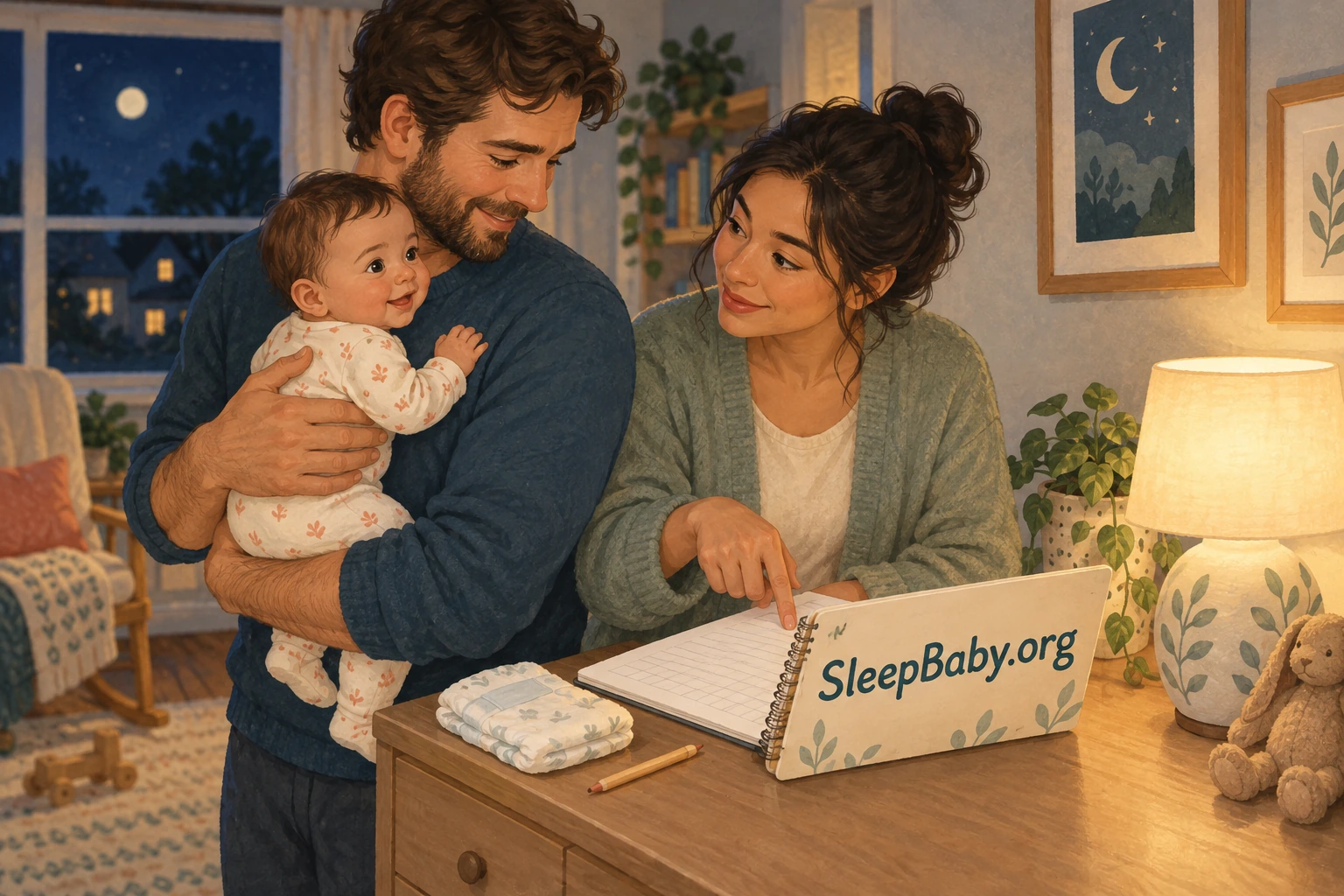 One parent points to a care notebook while the other securely holds their awake baby beside a softly lit dresser.