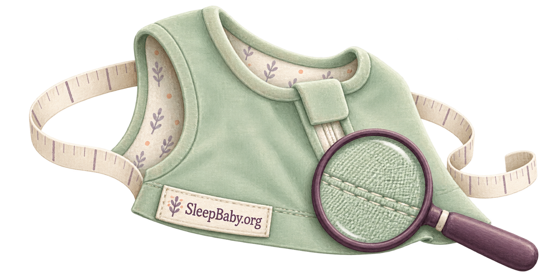 Mint garment neckline with a curved measuring tape and a magnifier over its seam.