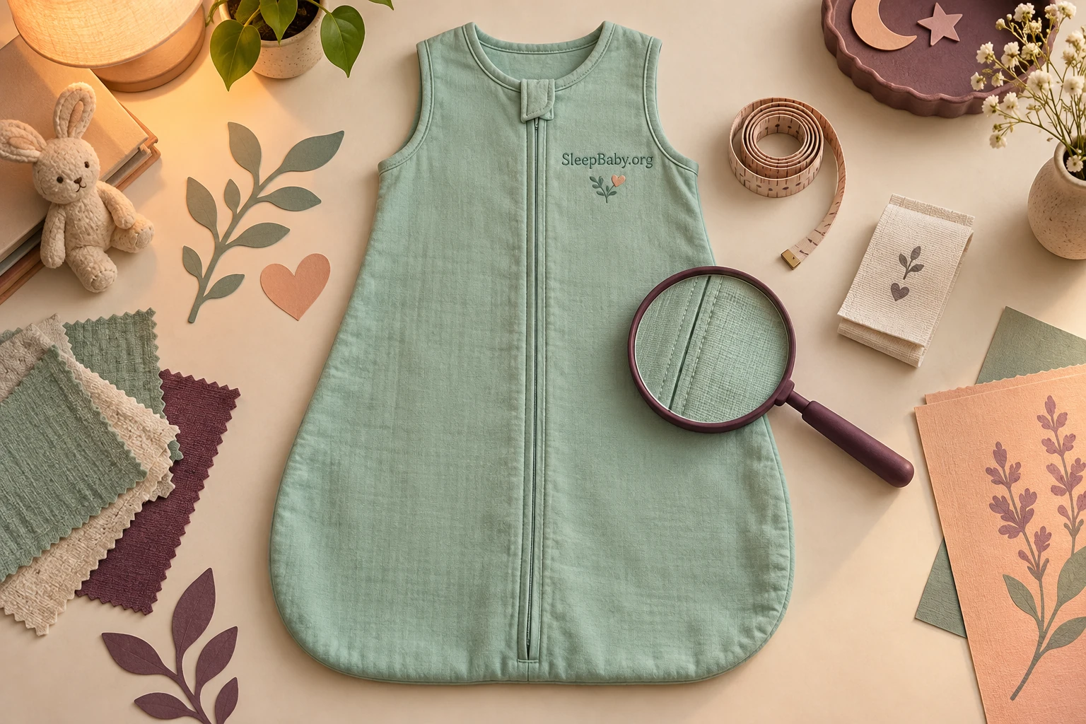 Mint sleep sack laid flat with a magnifier over its seam and a measuring tape nearby.