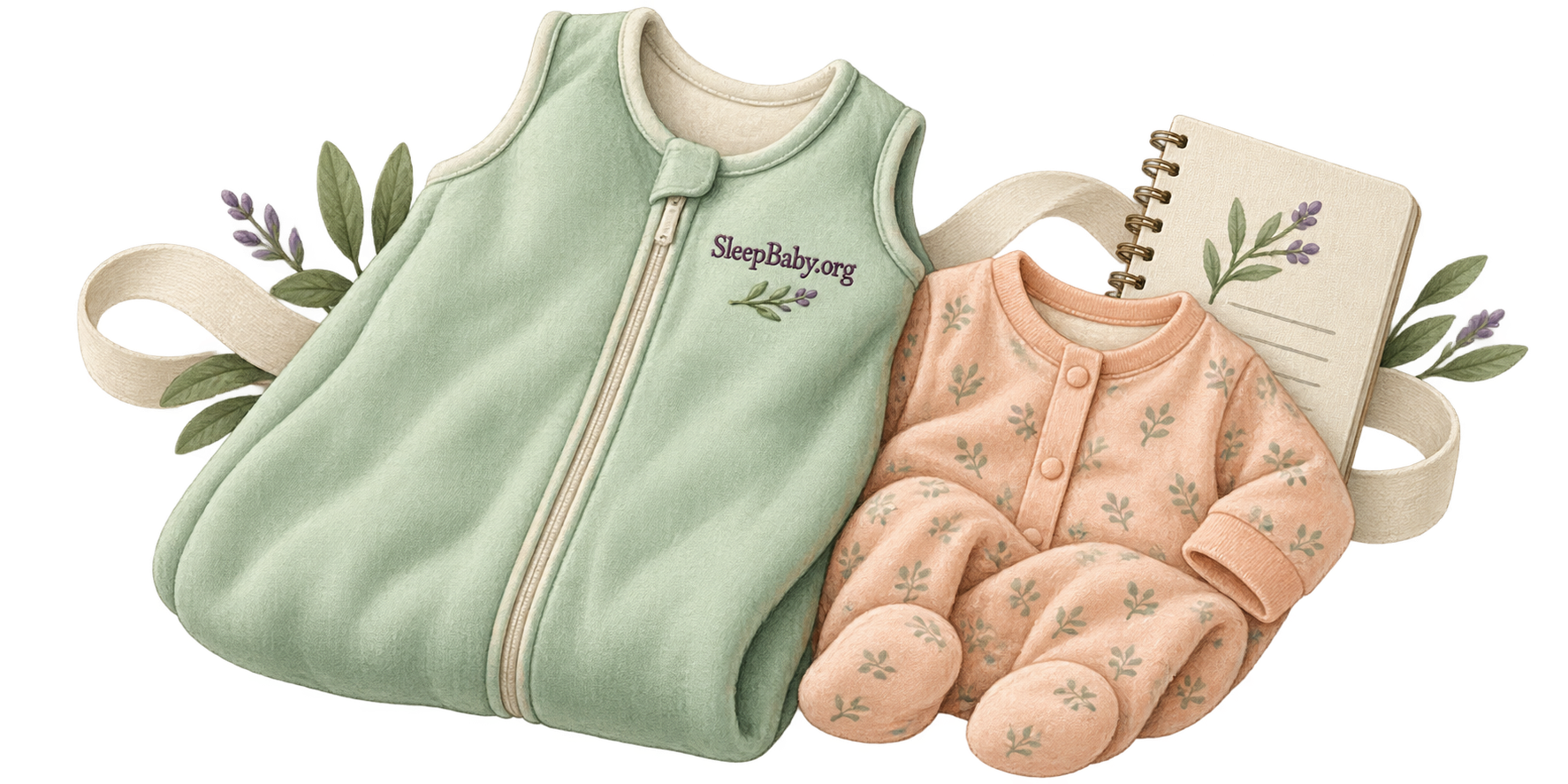 Soft mint sleep sack beside peach footed pajamas and a cream bedtime notebook.