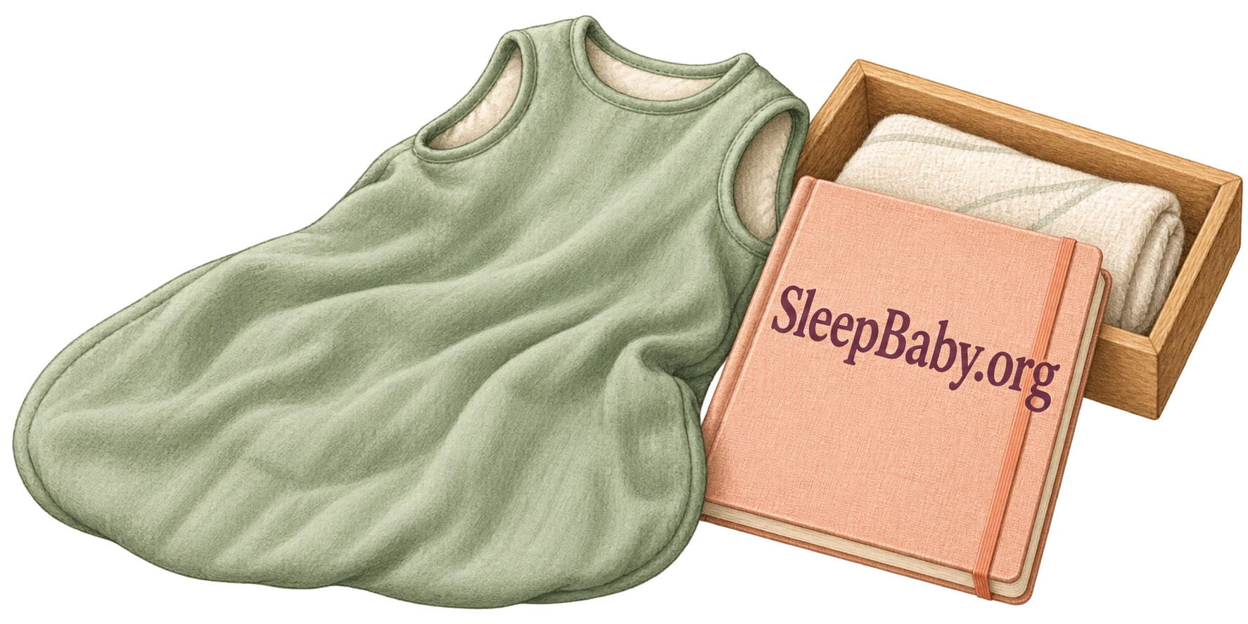 An arms-free wearable blanket and a bedtime notebook beside a stored cloth wrap.