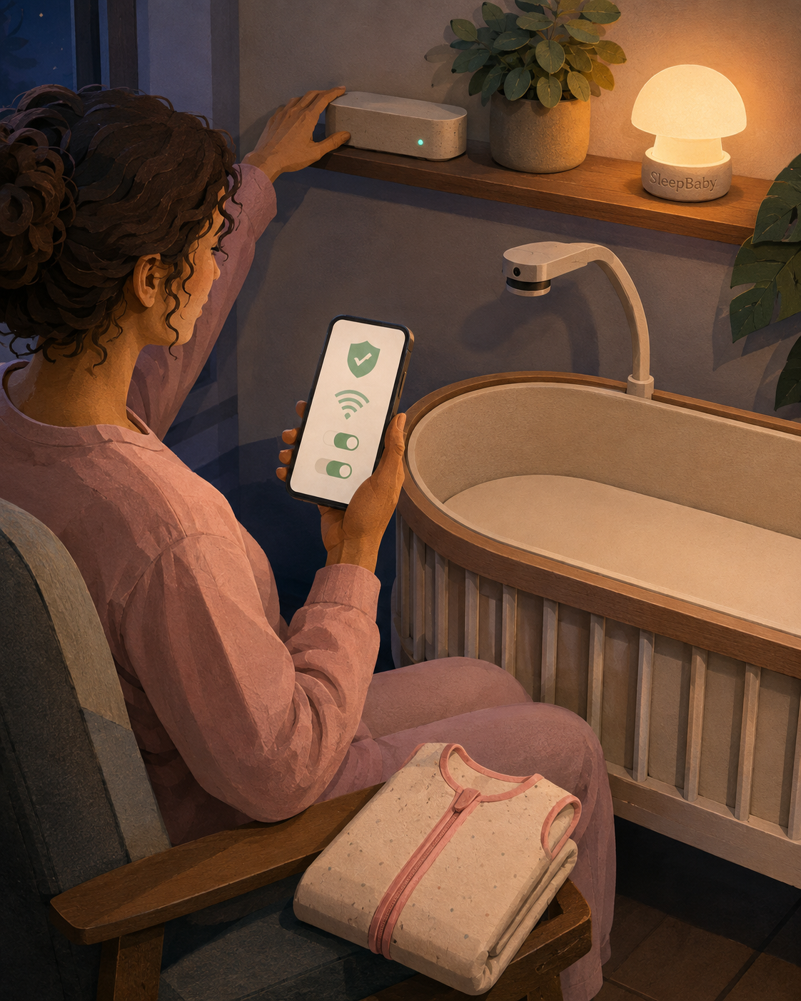 Caregiver checks abstract privacy and Wi-Fi controls on a phone beside an empty smart crib, with a sleep sack folded outside it.
