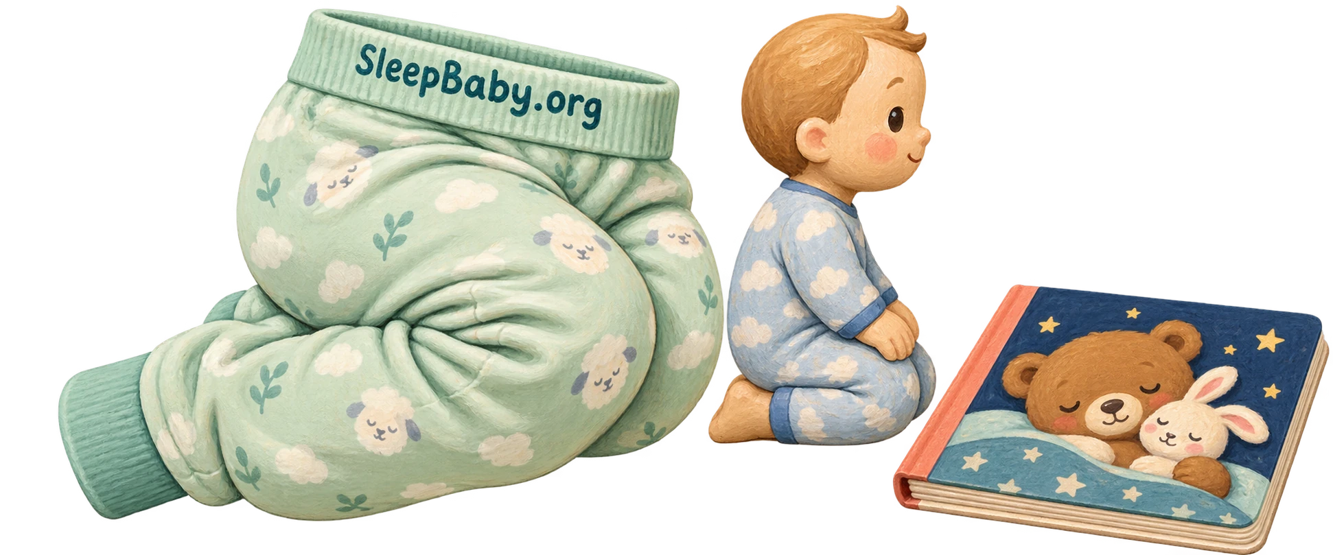 Transparent illustration of folded pajamas, a kneeling baby figurine, and a bedtime book; SleepBaby.org is woven into the waistband.