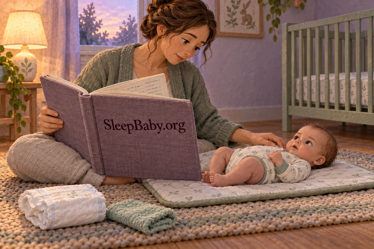 A mother sits beside an awake baby on a floor mat while holding a cloth-bound observation notebook.