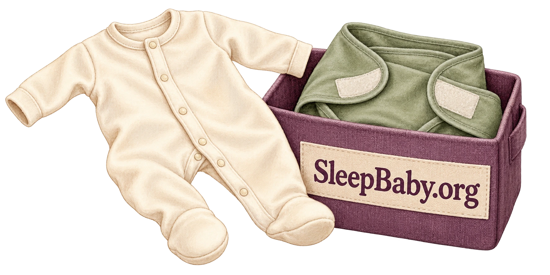 Baby pajamas beside a swaddle stored in a fabric box.