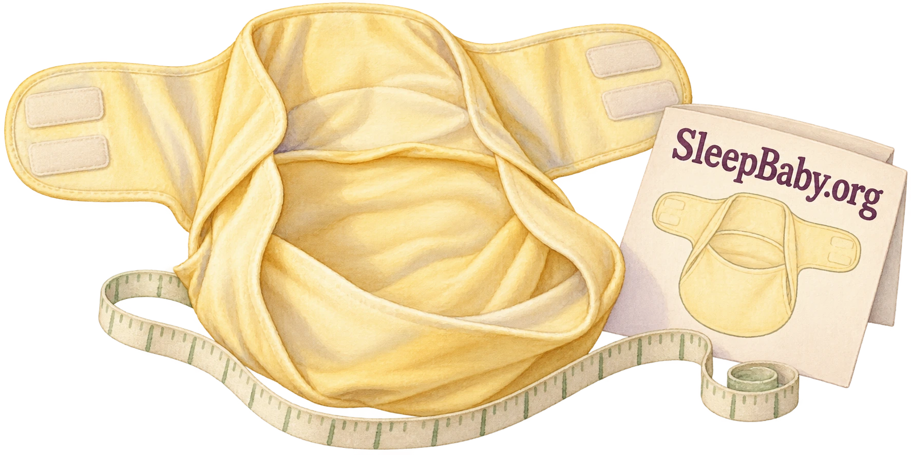 An empty roomy swaddle with a garment guide and a measuring tape laid outside it.