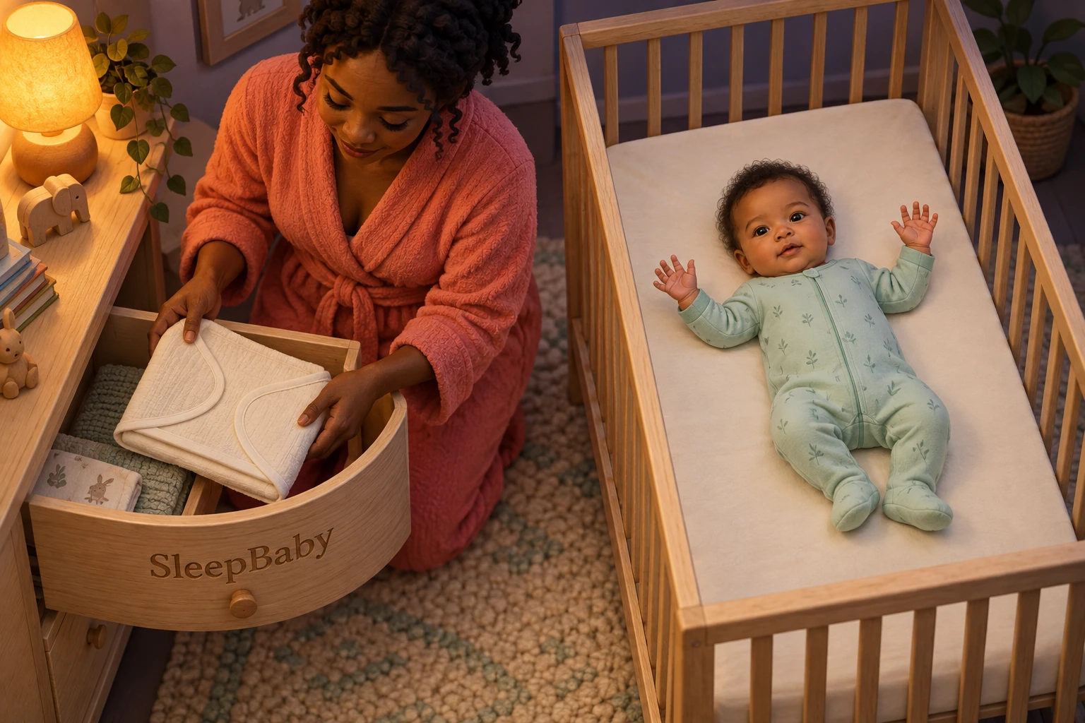 A parent puts a folded swaddle into a drawer beside a baby lying on their back in a bare crib.