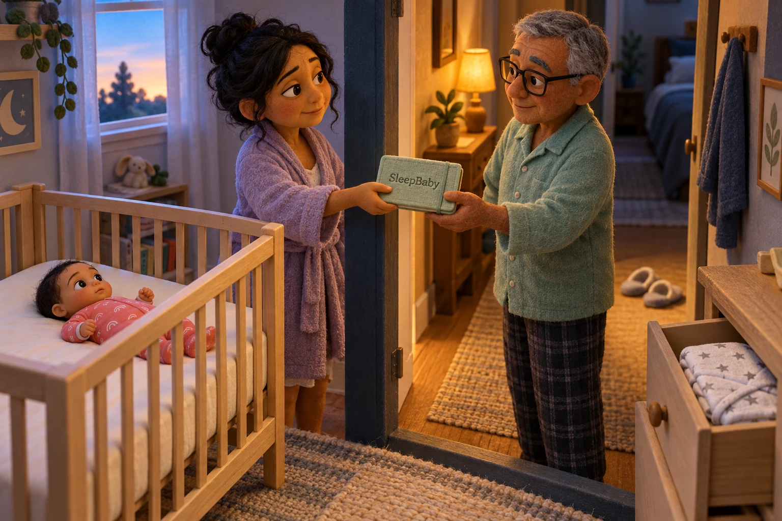 Felt-style illustration of two caregivers passing a care notebook beside a baby on their back in a bare crib at dawn.