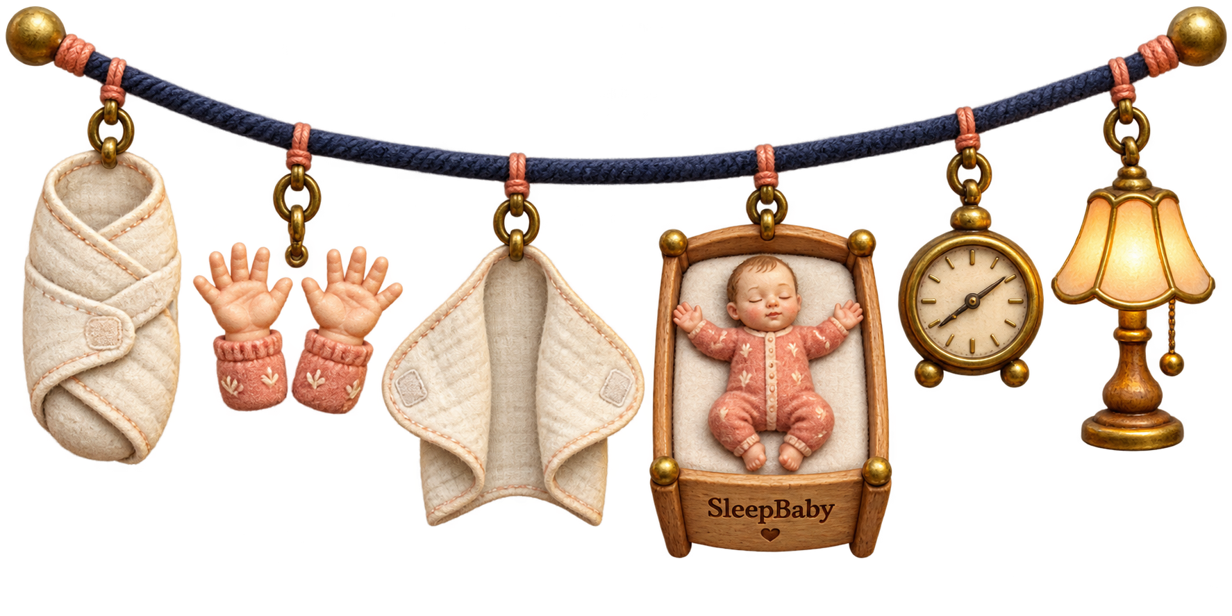 Indigo charm strand with a folded wrap, open hands, opened swaddle, baby in a miniature cradle, clock, and lamp.
