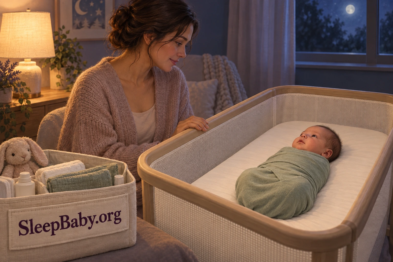 A parent beside a newborn lying on their back in a clear bassinet with a roomy swaddle.