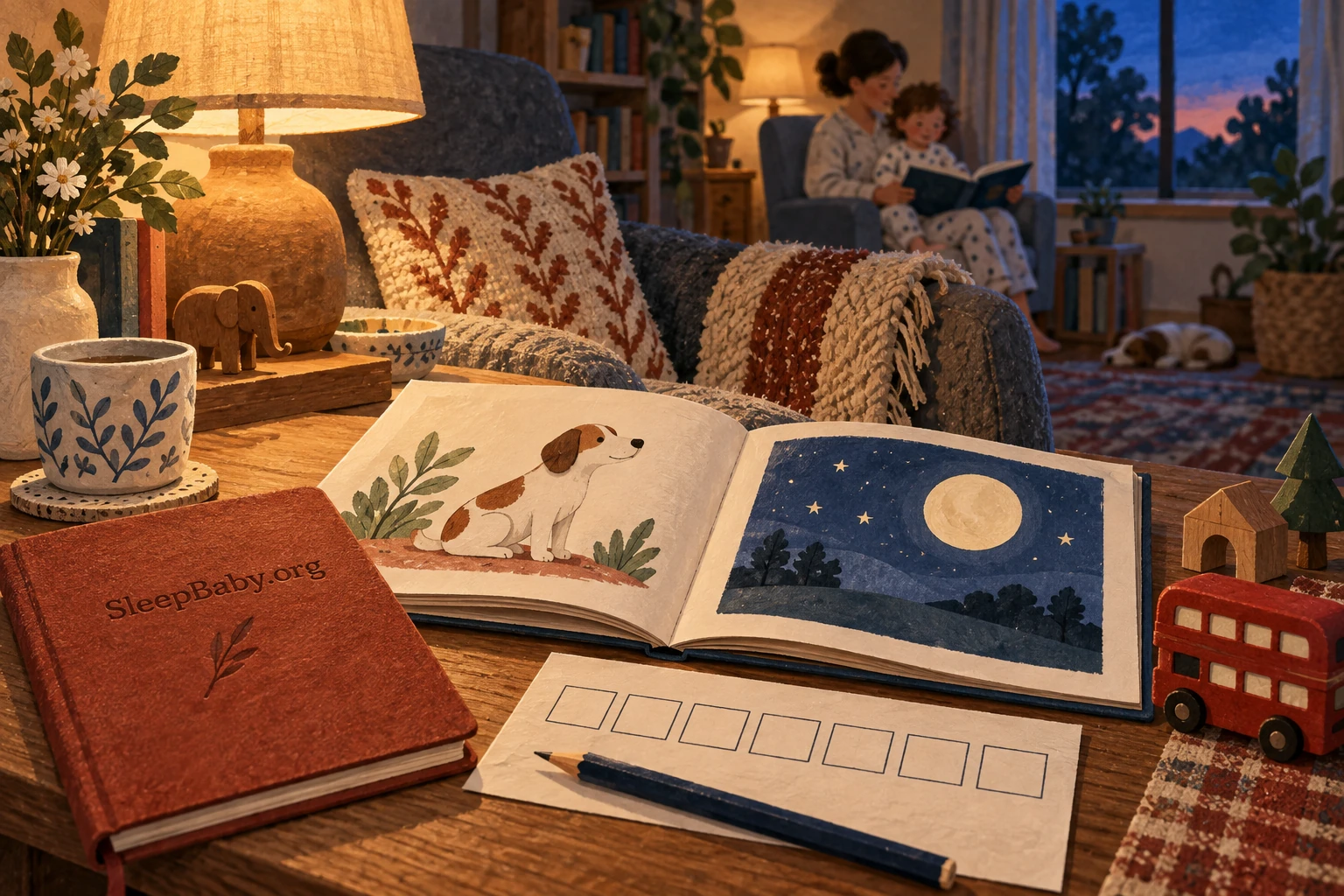 A picture book, a parked toy bus and a simple seven-box notebook at dusk.